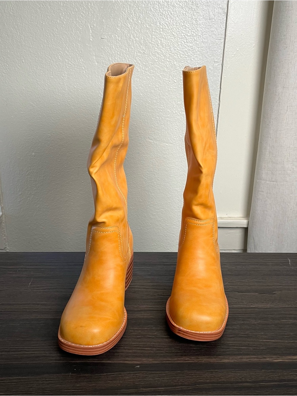 Mustard Calf Boots Chunky Block Low Heel Square Toe Comfy Casual Trendy Stylish